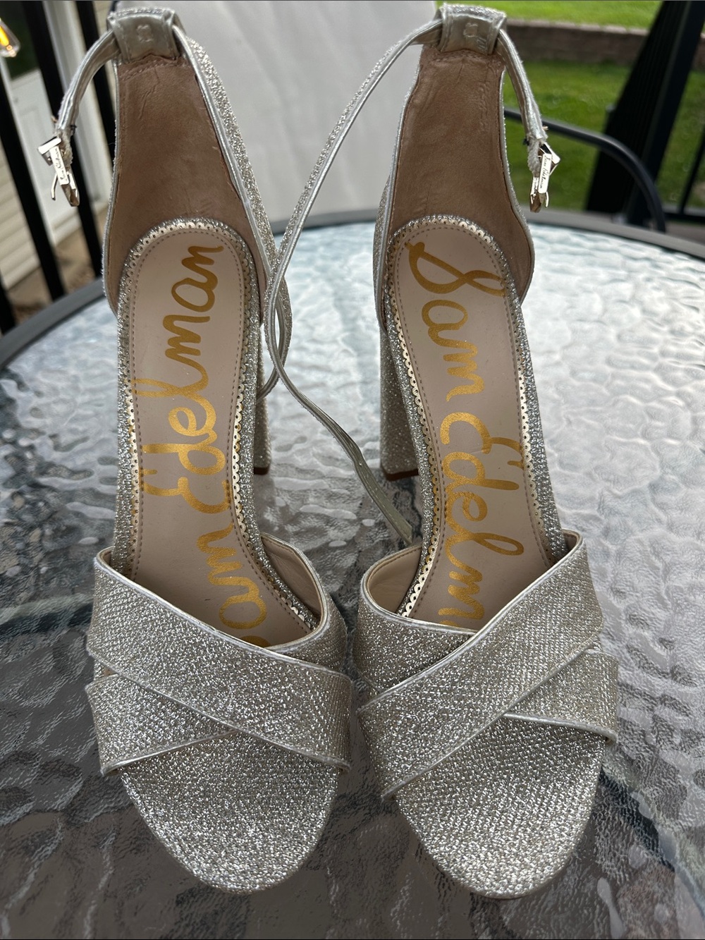 Sam Edelman Silver Glitter Ankle-Strap Heels